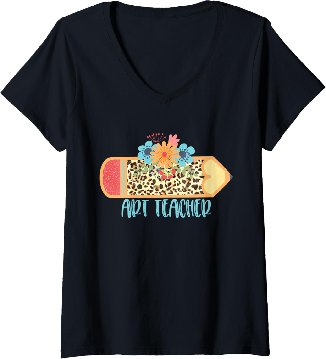 Womens ART TEACHER Cute Trendy Pencil Leopard Cheetah Print V Neck Apparel Trending US Gift Ready