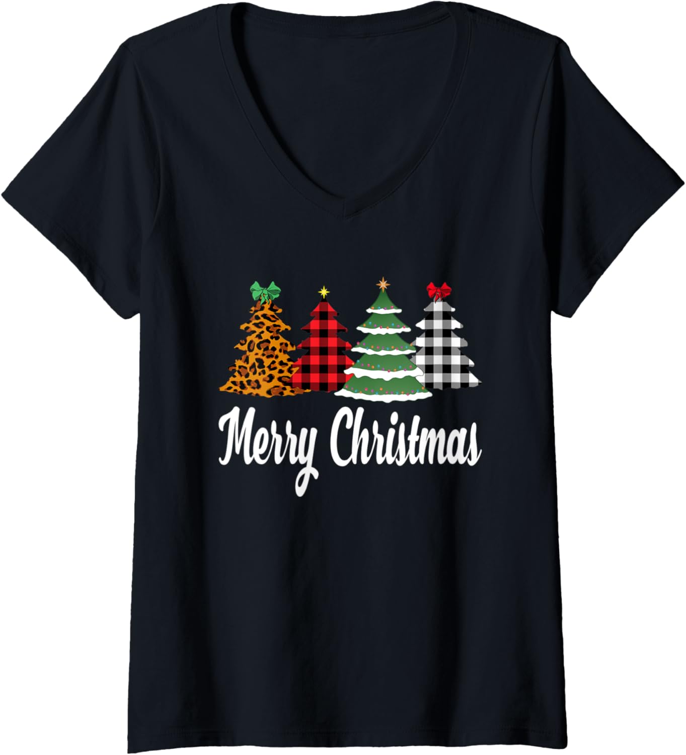 Womens Leopard Cheetah Print Christmas Tree Holiday V Neck Apparel Premium Print Gift Ready