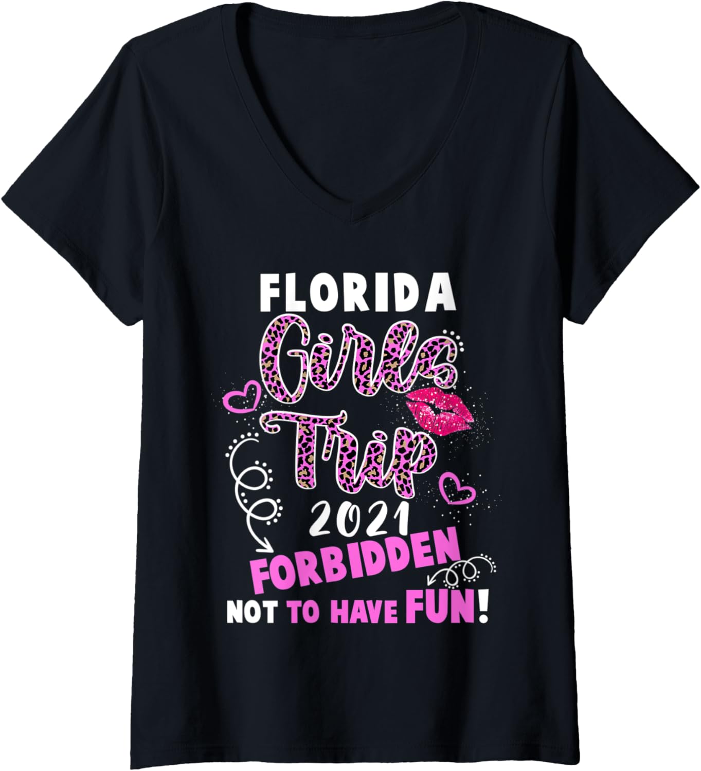 Womens Florida Girls Trip 2021 Vacation Pink Lips Leopard Print V Neck Apparel Comfort Fit Best Seller Look