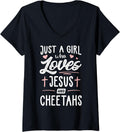 Womens Just A Girl Who Loves Jesus And Cheetahs Gift Women V Neck Apparel Viral TikTok Find Hot Right Now