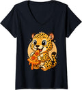 Womens Funny Cheetah Eating Pizza Graphic Boys Girls Cheetah Lover V Neck Apparel Premium Print Everyday Wear
