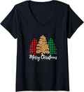 Womens Merry Christmas trees buffalo plaid cheetah print V Neck Apparel Trending US Best Seller Look