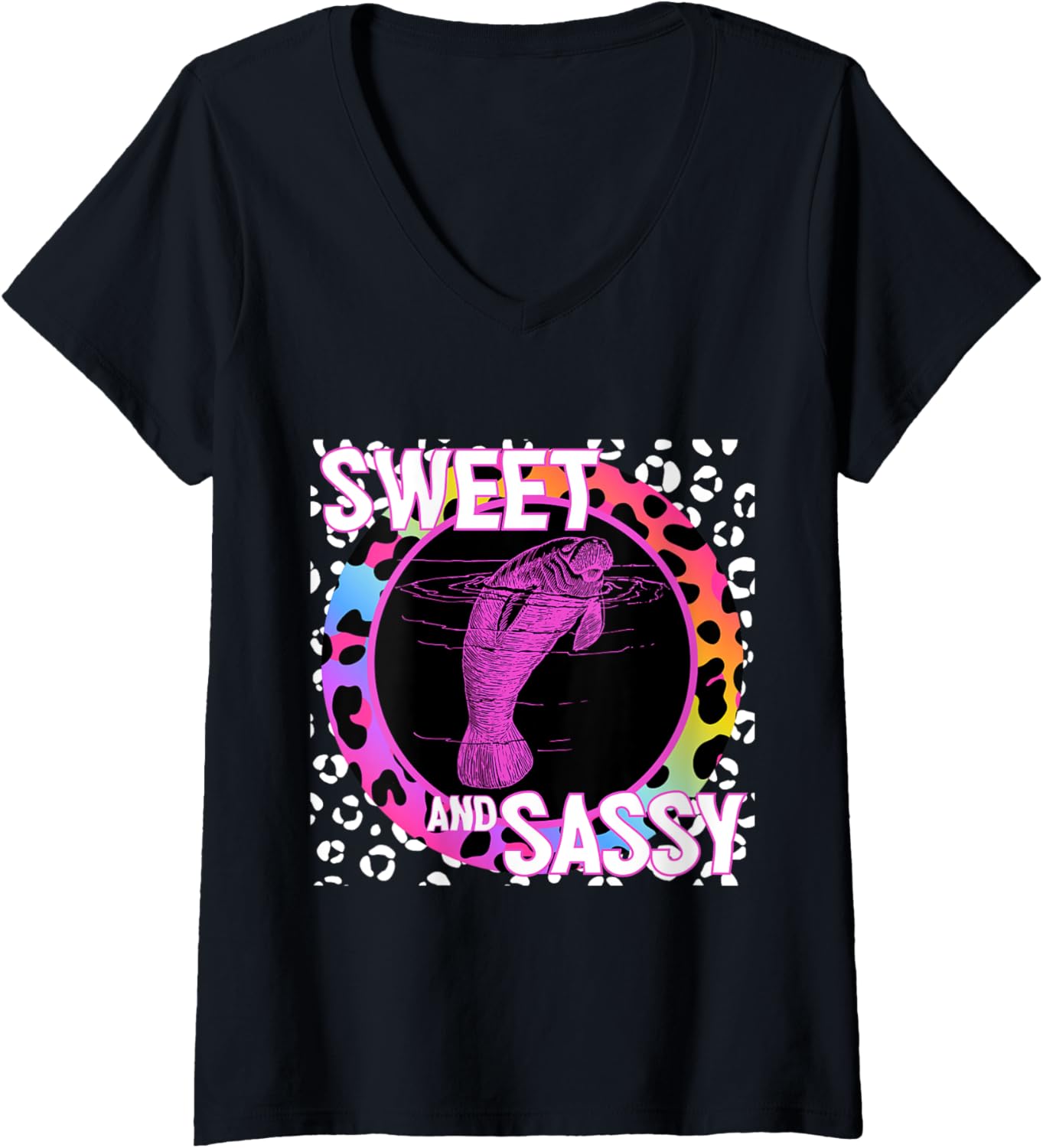 Womens Cute Manatee 90s Nostalgia Rainbow Leopard Print Tropical V Neck T Shirt High Search Demand Everyday Wear