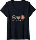 Womens Peace Love Fall Leopard Cheetah Pumpkin Print Gift V Neck Apparel Viral TikTok Find Fan Favorite
