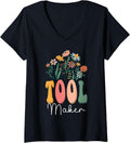 Retro Groovy floral Tool Maker Wildflower Tees For Women V-Neck T-Shirt | Best Seller Pick | Comfort Daily Wear