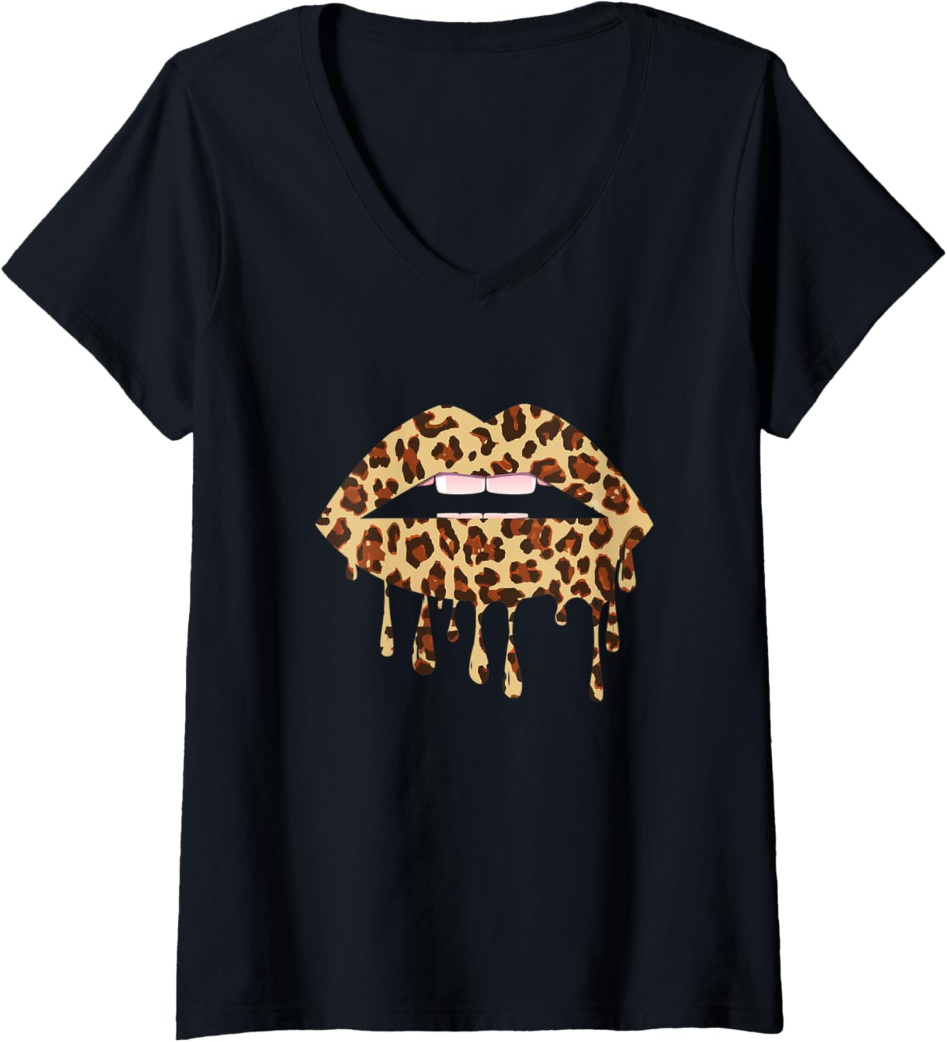 Womens Leo Mouth Lip Bite Cool Leopard Print Kiss Me Cheetah Leo V Neck Apparel Streetwear Style Everyday Wear