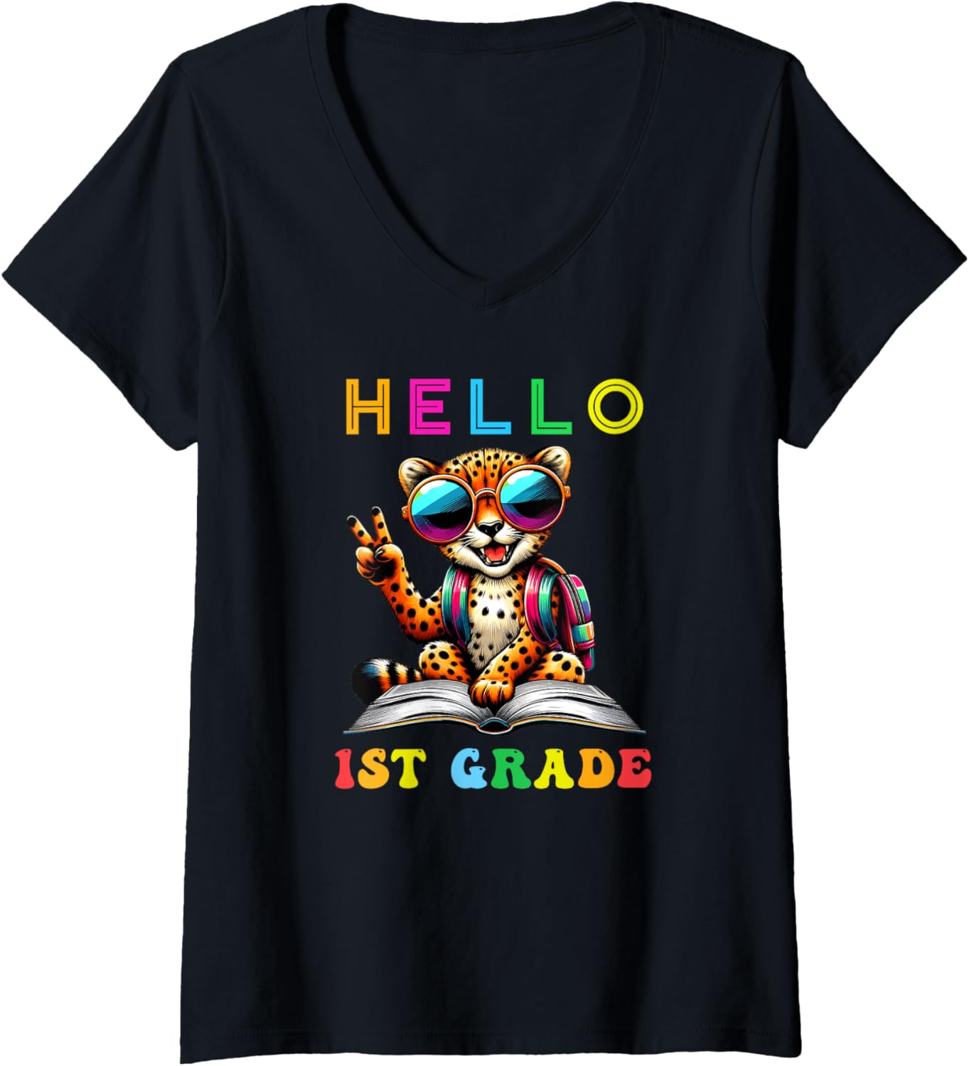 Womens Hello First Grade Cheetah Lover Back to School Kids Teacher V Neck Apparel Premium Print Hot Right Now