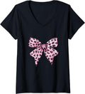 Womens Pink Cheetah Leopard Coquette Bow Kawaii Tee V Neck T Shirt Viral TikTok Find Hot Right Now
