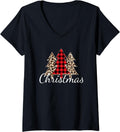 Womens Merry Christmas Trees with Cheetah Print Buffalo Check Plaid V Neck Apparel Trending US Hot Right Now