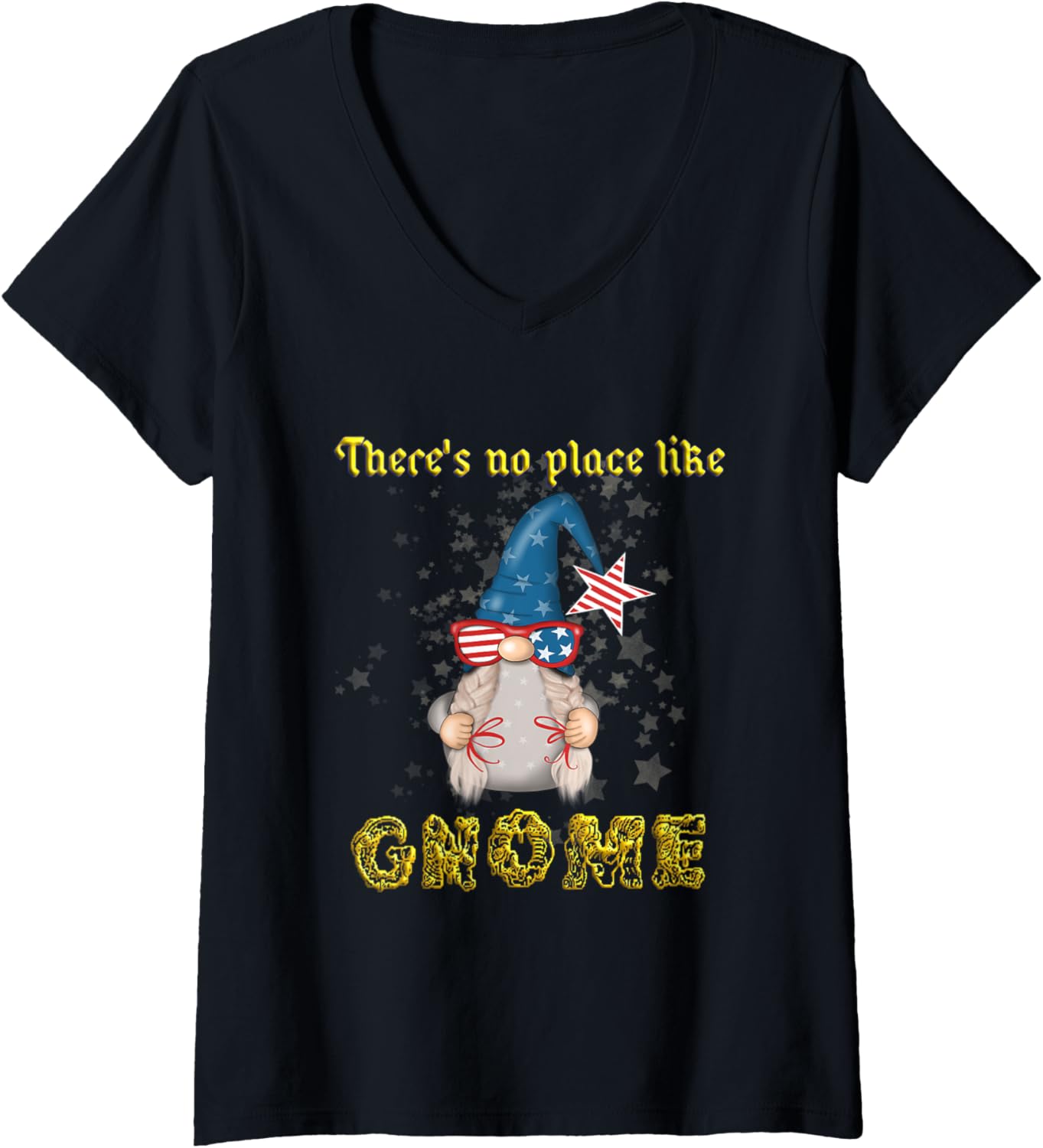 Womens There's No Place Like Gnome, USA Stars And Stipes, Children V-Neck Apparel | Google Shopping Optimized | High CTR Boost