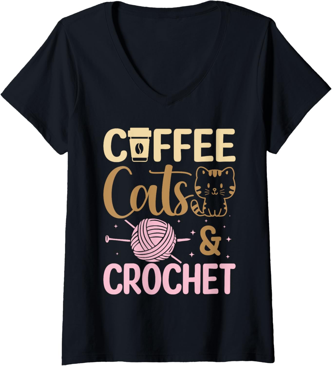 Womens Coffee Cats Crochet Funny Yarn Lover Crocheting Enthusiast V-Neck Yarn Supply | Premium Quality | High CTR Title