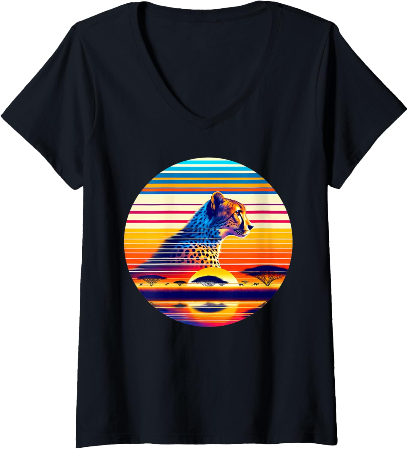 Womens Cheetah Sunset Retro Style Safari Vintage 70s V Neck Apparel High Search Demand Best Seller Look