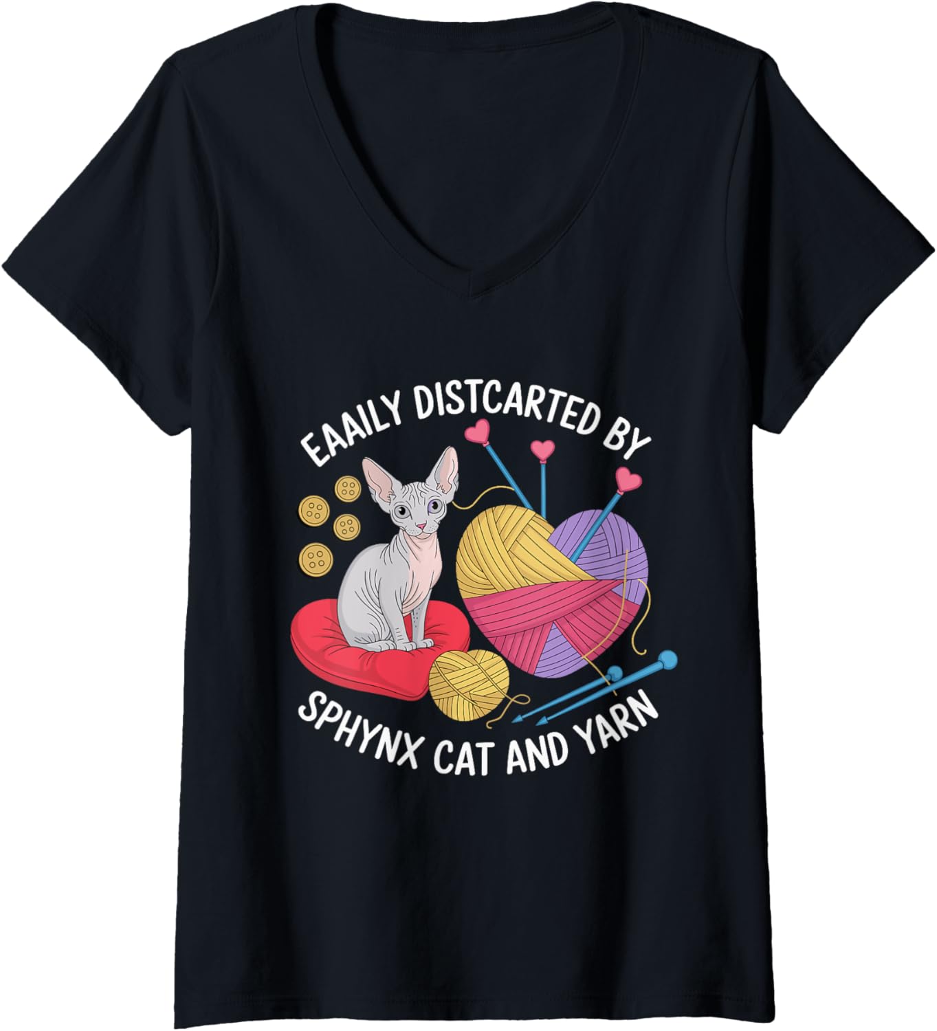 Womens Easily Disterted By Sphynx Cat And Yarn V-Neck Yarn Supply | High Search Volume | Best Seller Choice