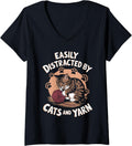 Womens Easily Distracted By Cats And Yarn for Cat Lovers Knitters V-Neck Yarn Supply | Trending 2025 | High CTR Title