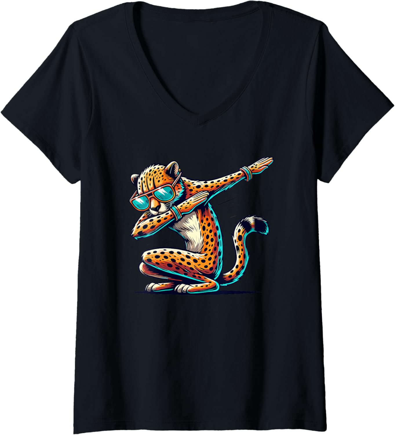 Womens Dabbing Cheetah Wear Glasses Cute Funny Animal V Neck Apparel Trending US US Top Pick