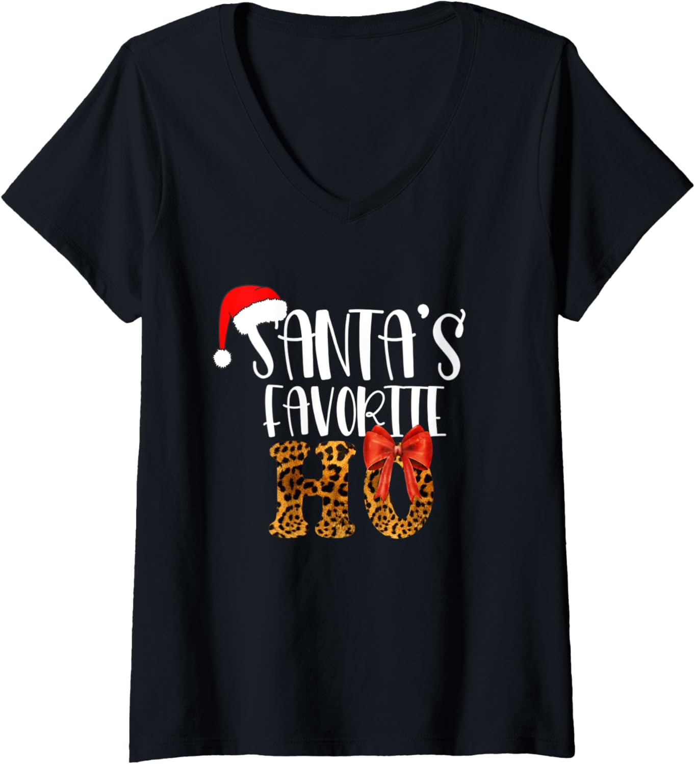 Womens Cute Cheetah Santa s Favorite Ho Christmas T Shirts Women V Neck T Shirt Trending US Gift Ready