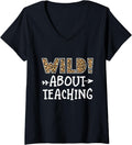 Womens Wild About Teaching Leopard Print Teacher Cheetah School V Neck Apparel Premium Print Everyday Wear