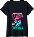 Womens Never Underestimate An Old Woman Cheetah Sunglasses Cheetahs V Neck Apparel High Search Demand Everyday Wear