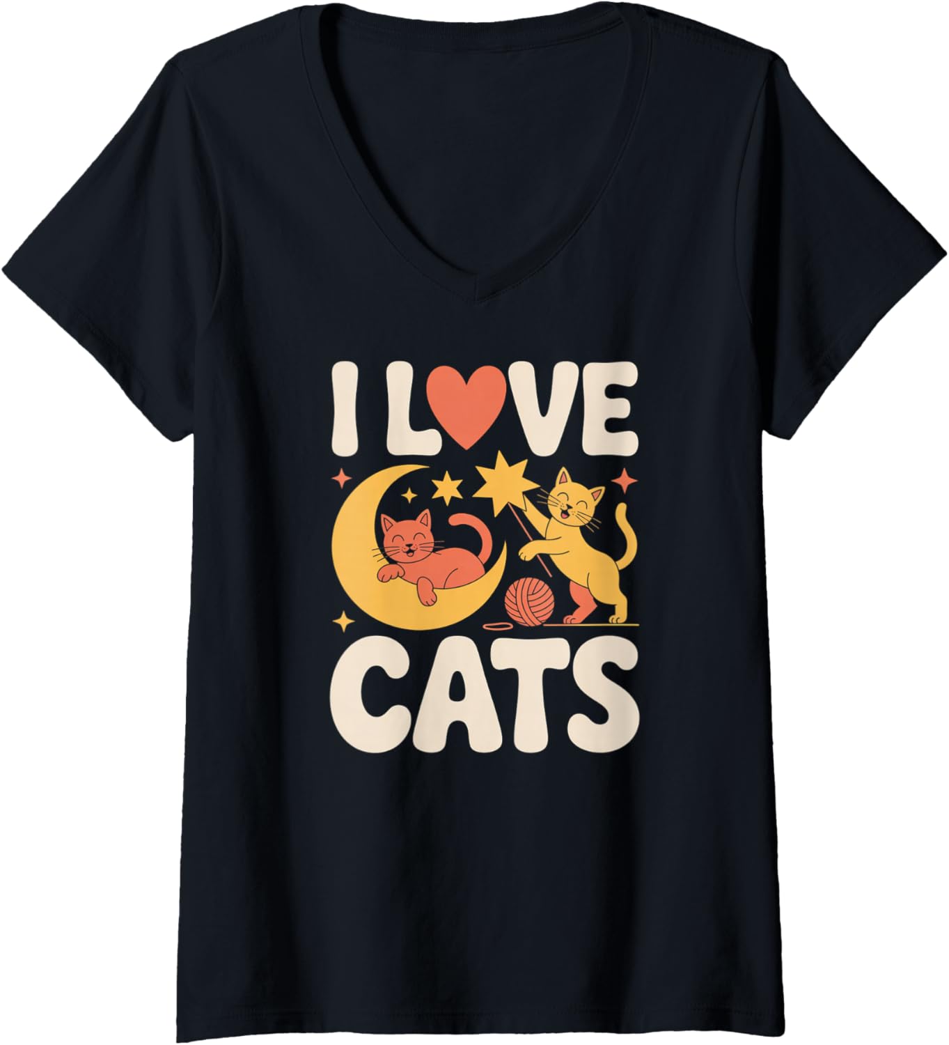 Womens I Love Cats Moon Stars Yarn Whiskers V-Neck Yarn Supply | Top Rated | Customer Favorite