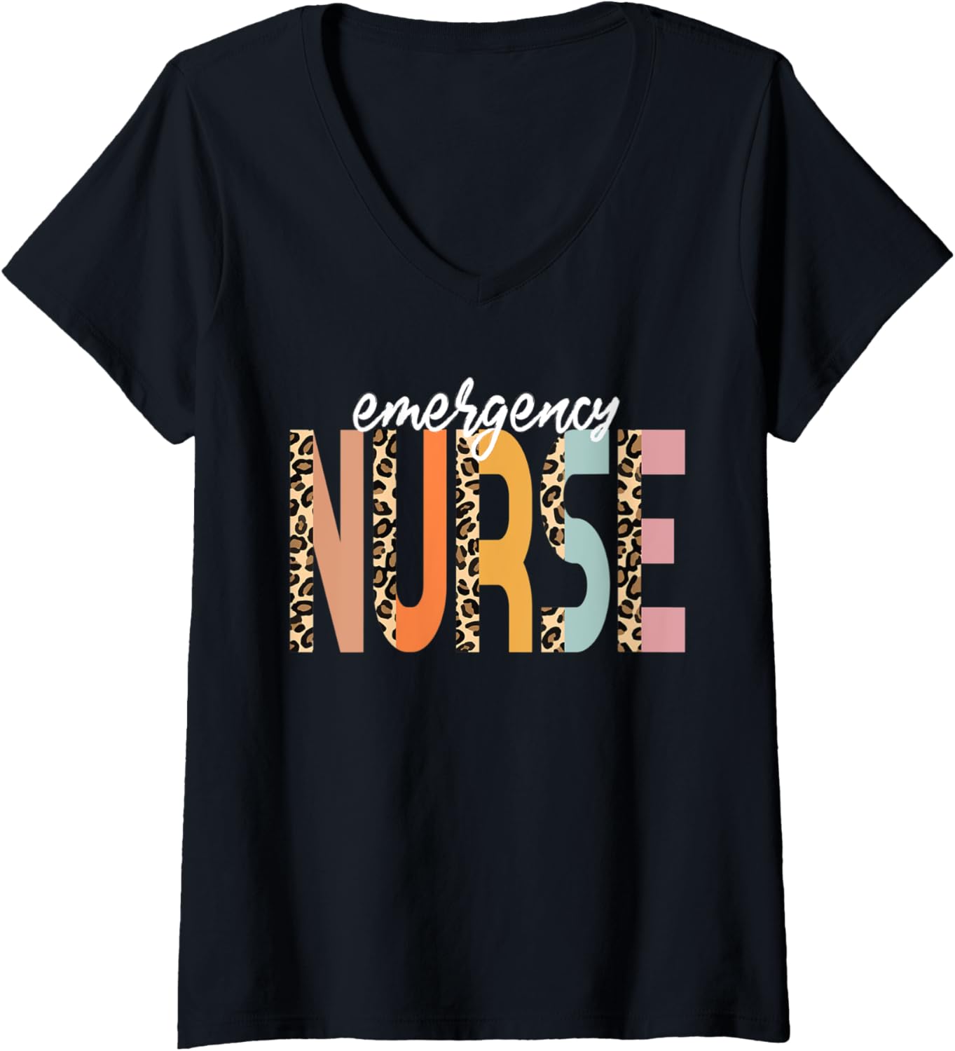 Womens Nurse Emergency Nurse Cheetah Print RN Cute ER Nurse V Neck Apparel Premium Print Everyday Wear