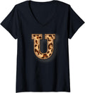 Womens Cute Letter U Initial Name Leopard Cheetah Animal Print V Neck Apparel Streetwear Style Hot Right Now