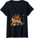 Womens Turkey Riding Cheetah Thanksgiving Fall Leaves Pumpkin Lover V Neck Apparel Streetwear Style US Top Pick