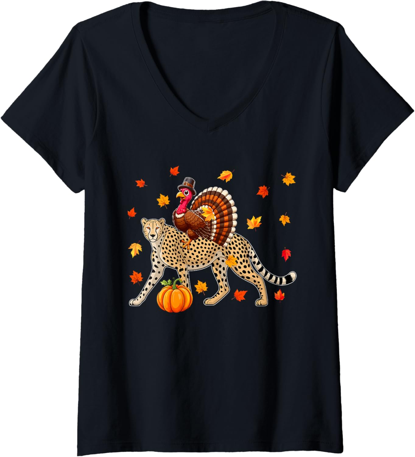 Womens Turkey Riding Cheetah Thanksgiving Fall Leaves Pumpkin Lover V Neck Apparel Streetwear Style US Top Pick