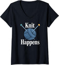 Womens Knit Happens Knitting Crochet Crocheting Yarn Knitter V-Neck Yarn Supply | Premium Quality | Perfect for Crafters