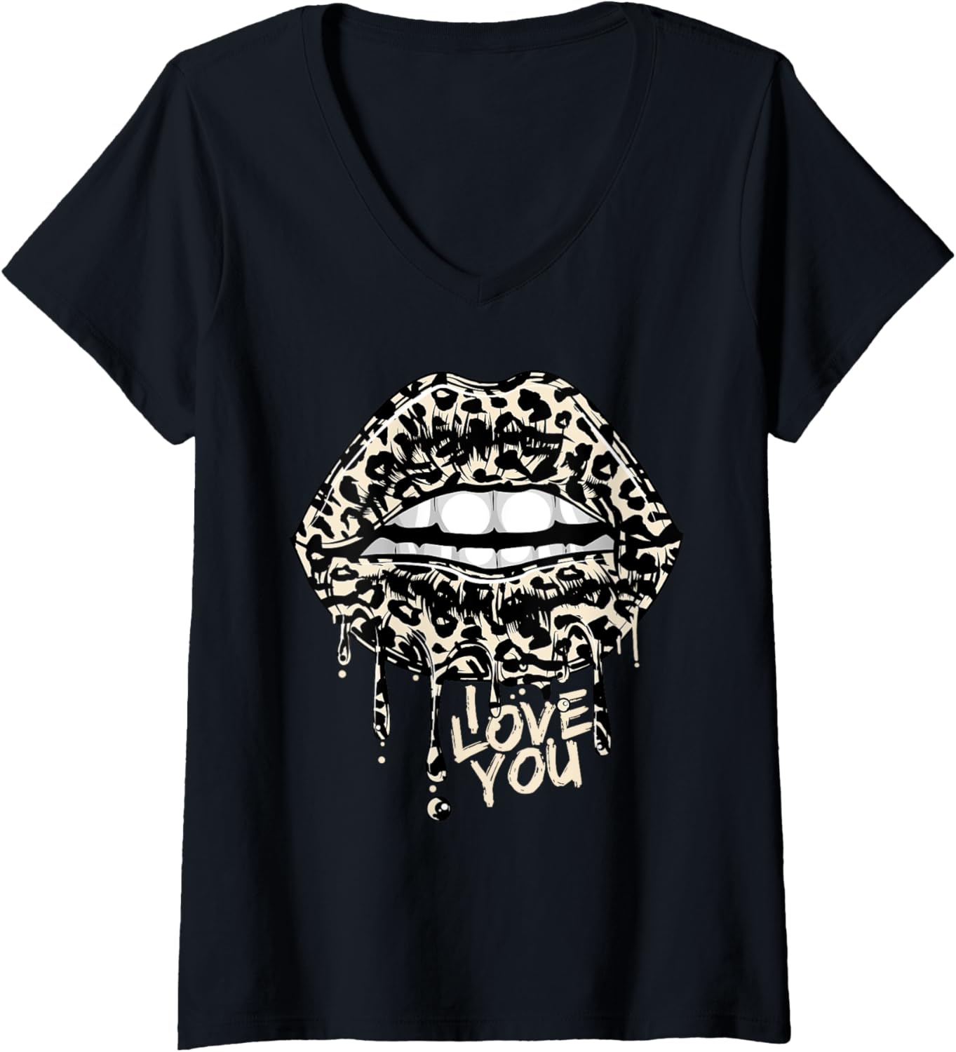 Womens Sexy Leopard Print Lips Mouth Animal Cheetah Leopard Print V Neck Apparel Comfort Fit Gift Ready