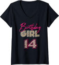 Womens 14th Birthday Girl Leopard 14 Years Old V Neck Apparel Viral TikTok Find US Top Pick