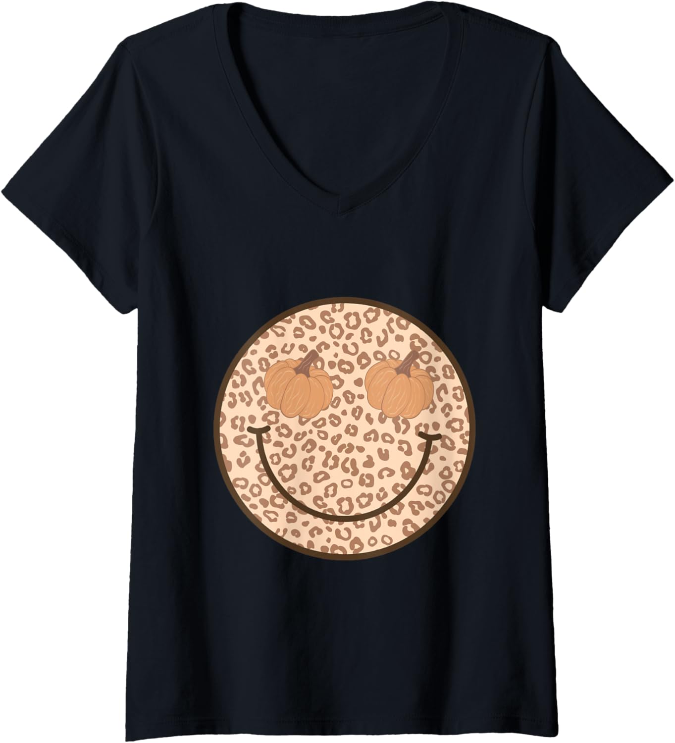 Fall Retro Groovy Cheetah Print Face With Pumpkins V Neck Apparel Streetwear Style US Top Pick