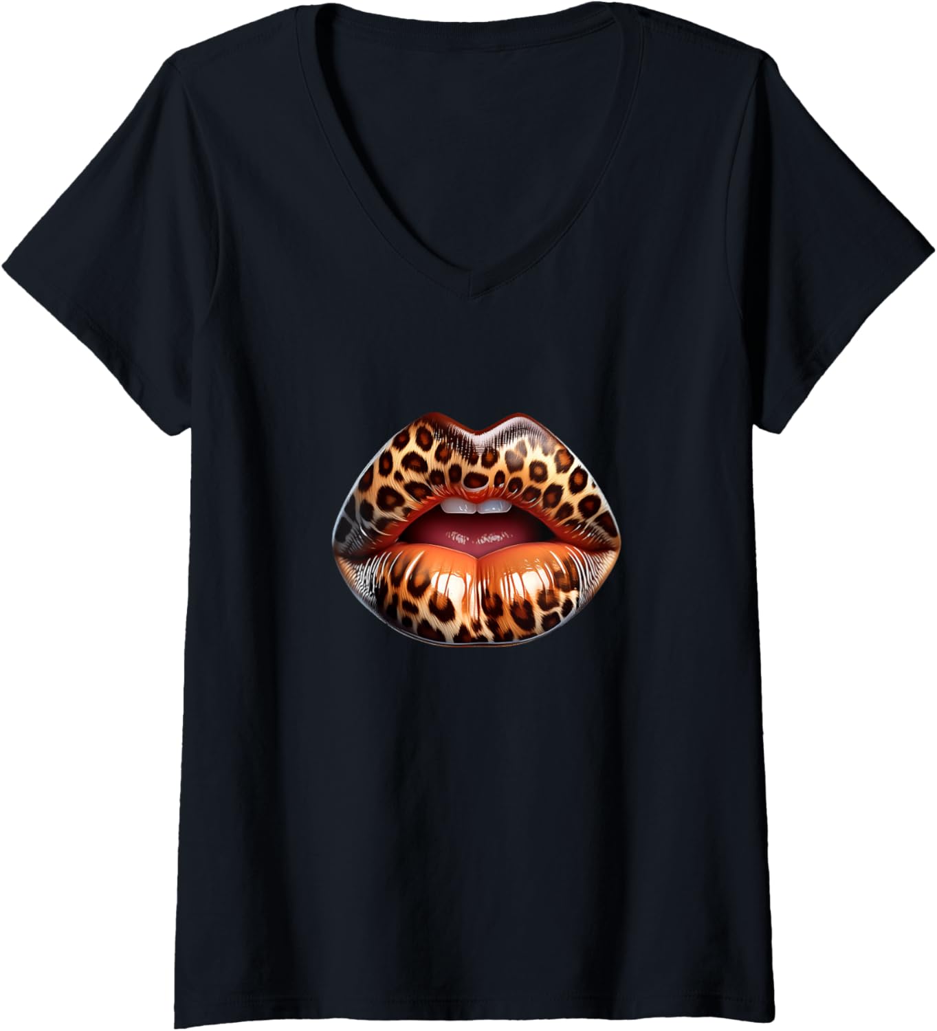 Womens Leopard Lips Kiss Cheetah Animal Print Design V Neck Apparel Streetwear Style US Top Pick