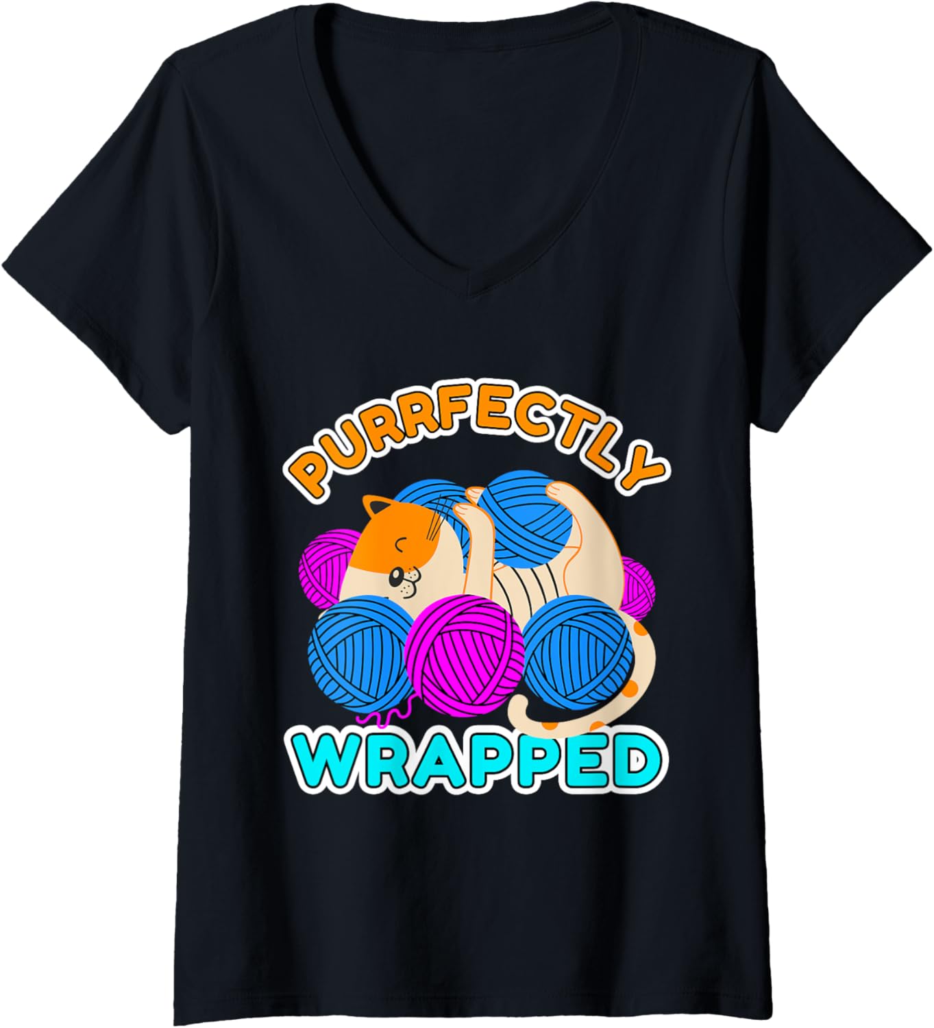 Womens Funny Cat and Yarn Lover Tee - Purrfectly Wrapped Cat V-Neck T-Shirt | High Search Volume | Best Seller Choice