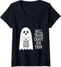 Womens Will Trade Candy For Yarn Ghost Bats Halloween V-Neck Yarn Supply | Viral US Pick | Customer Favorite