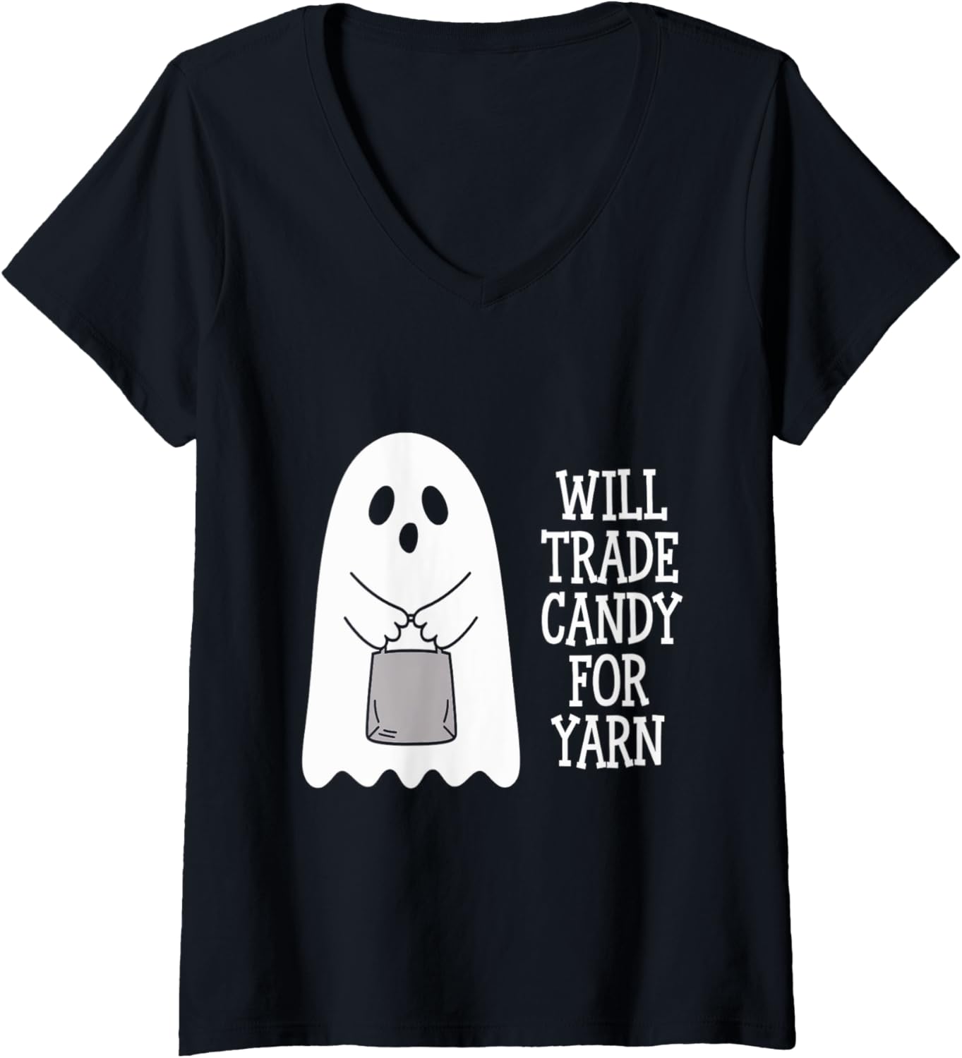 Womens Will Trade Candy For Yarn Ghost Bats Halloween V-Neck Yarn Supply | Viral US Pick | Customer Favorite