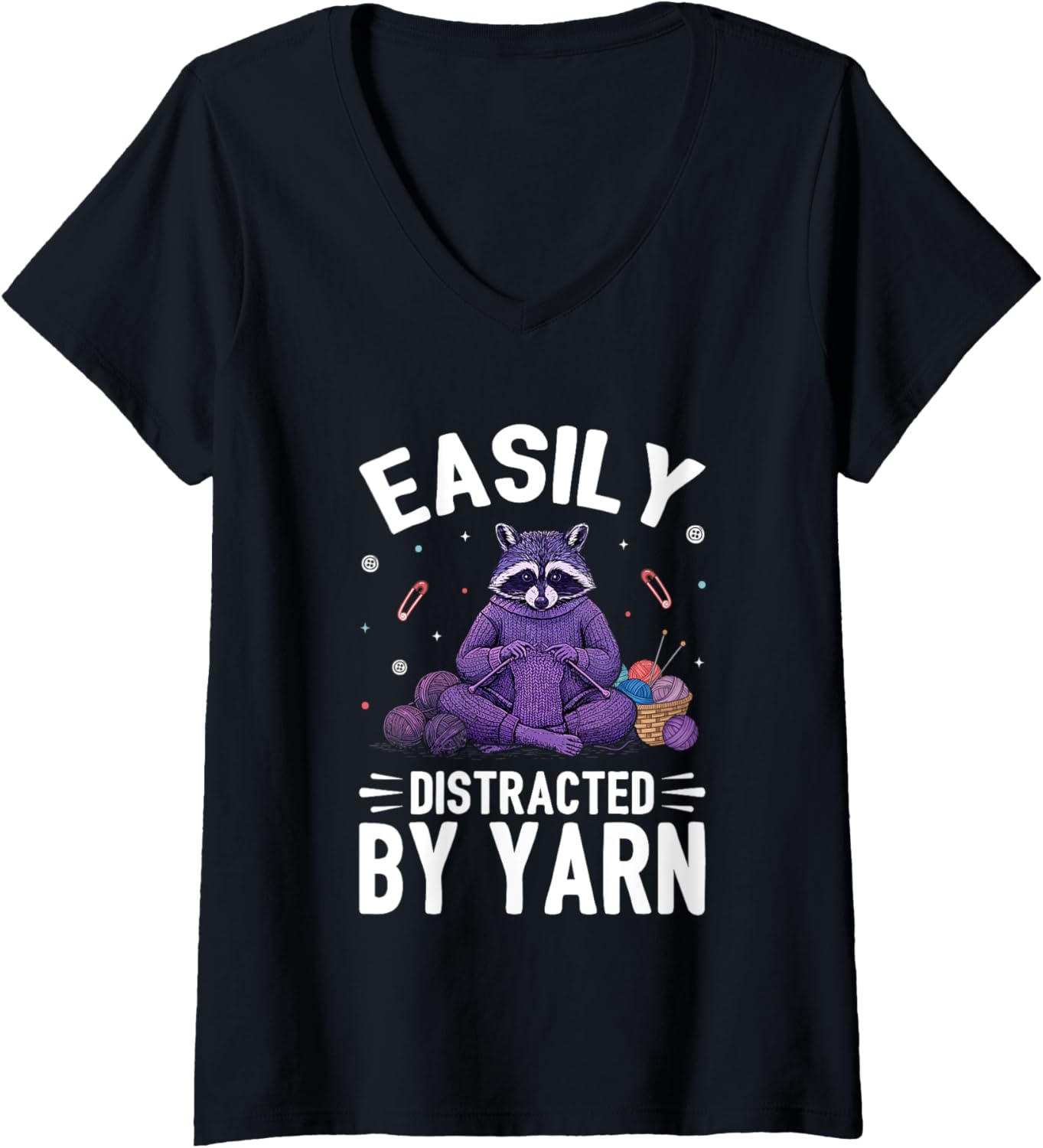 Womens Easily Distracted By Yarn Raccoon Knitting V-Neck Yarn Supply | Viral US Pick | Best Seller Choice