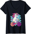 Womens Unicorn Riding on a Bicycle with Balls of Yarn for Tires V-Neck Yarn Supply | Viral US Pick | Customer Favorite