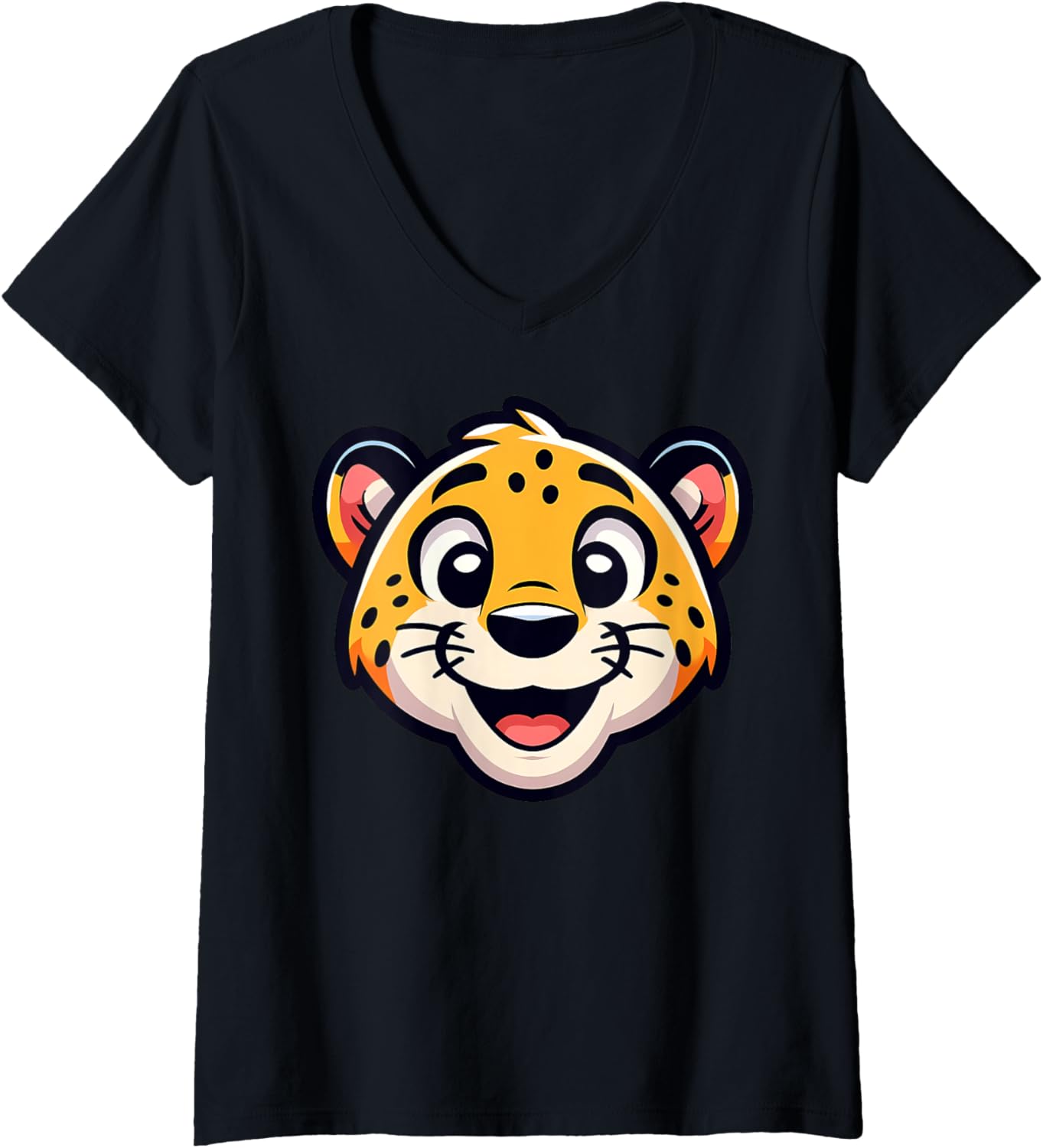 Womens Cheerful Cheetah Cub Face Graphic for Animal Lovers V Neck Apparel Comfort Fit Fan Favorite