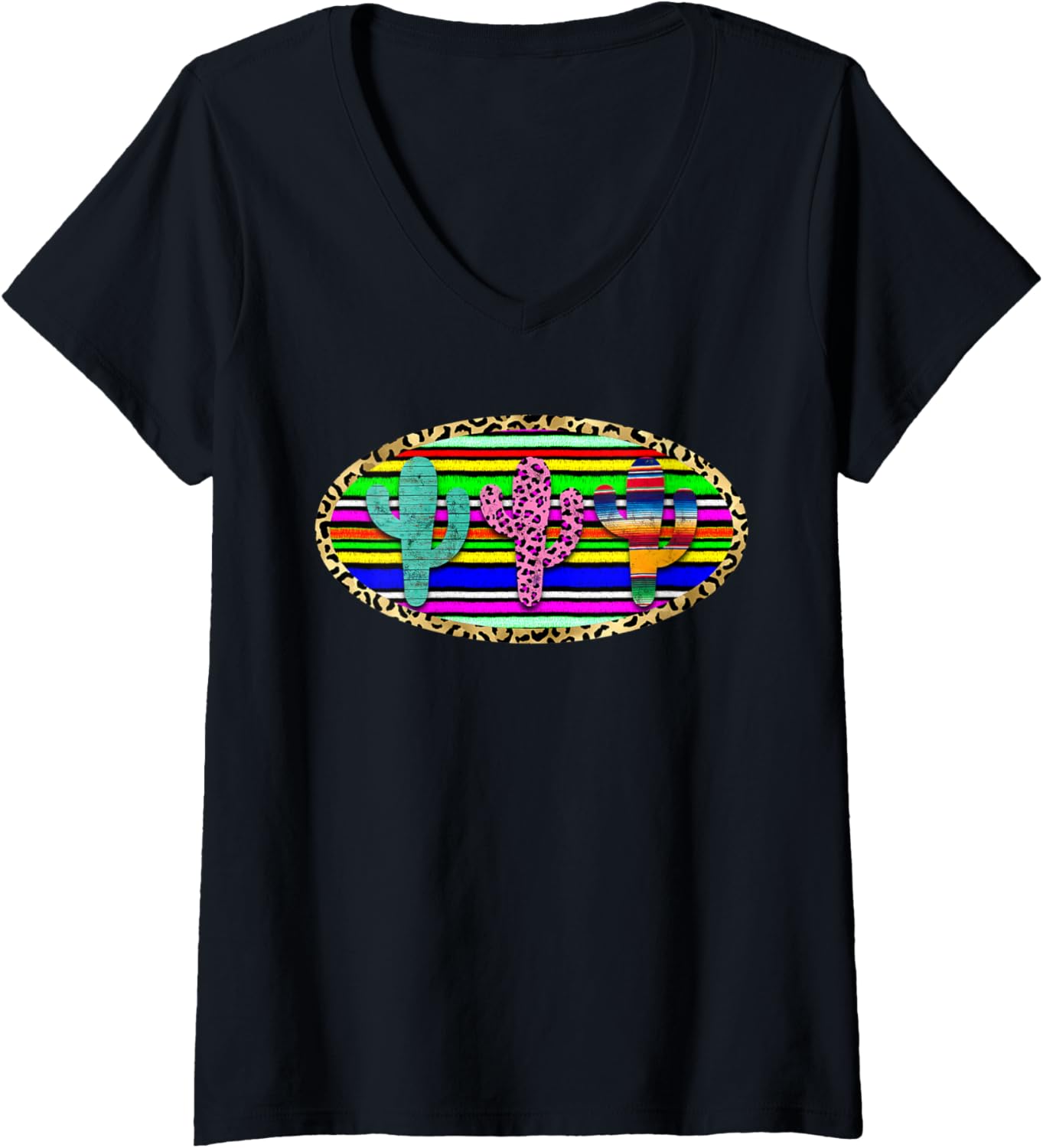 Womens Mexican Serape Cactus Succulent Fan Leopard Cheetah Print V Neck Apparel Streetwear Style Fan Favorite