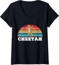Womens Cheetah Vintage Retro Sunset Dabbing Cheetah Illustration V Neck Apparel Comfort Fit Best Seller Look