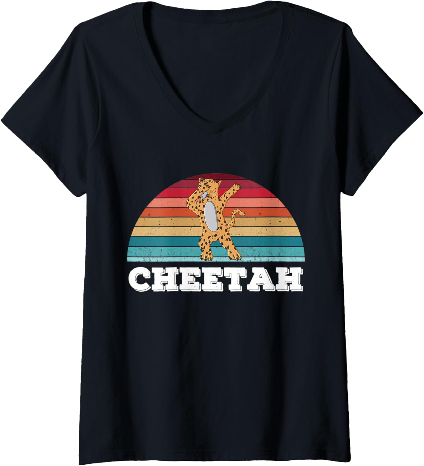 Womens Cheetah Vintage Retro Sunset Dabbing Cheetah Illustration V Neck Apparel Comfort Fit Best Seller Look