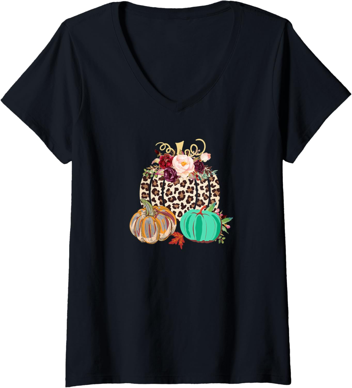 Womens Fall Leopard Cheetah Pumpkin Rustic Halloween Thanksgiving V Neck Apparel Premium Print Fan Favorite