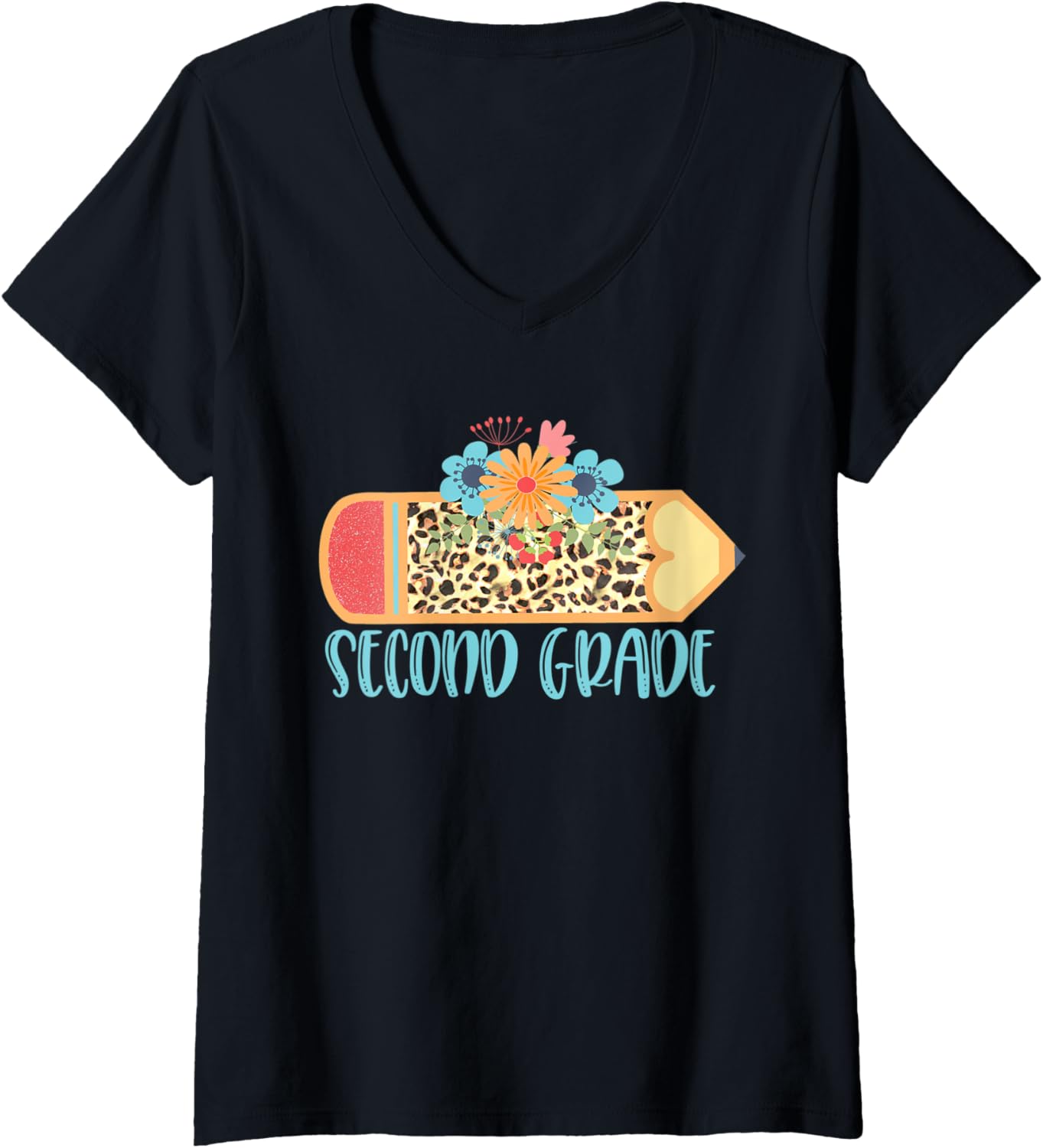 Womens SECOND 2ND GRADE Pencil Leopard Cheetah Print Teacher V Neck Apparel Streetwear Style Gift Ready