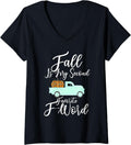 Womens Fall Is My Second Favorite F Word Pumpkin Cheetah Truck Gift V Neck Apparel Comfort Fit Hot Right Now