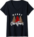 Womens Merry Christmas Cross Buffalo Plaid Leopard Print Trees V Neck Apparel Premium Print Best Seller Look