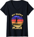 Womens Water Sports My Happy Place Stand Up Paddle Board SUP Girl V-Neck Apparel | US Viral Pick | Customer Favorite