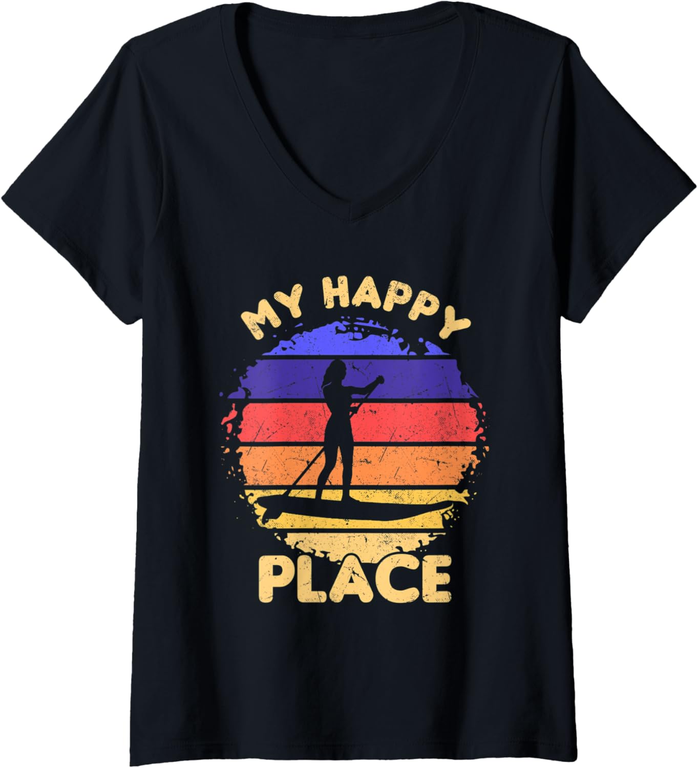 Womens Water Sports My Happy Place Stand Up Paddle Board SUP Girl V-Neck Apparel | US Viral Pick | Customer Favorite