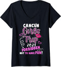 Womens Cancun Girls Trip 2021 Vacation Pink Lips Leopard Print V Neck Apparel Viral TikTok Find Hot Right Now