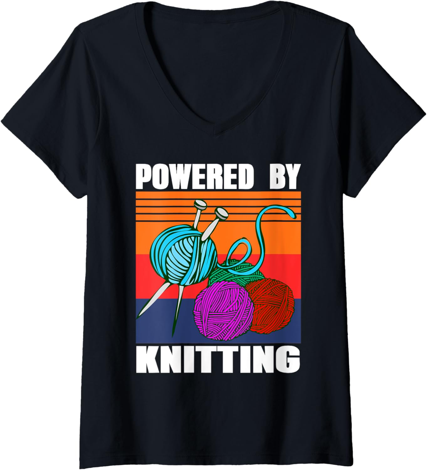 Womens Powered by Knitting Retro Yarn Pride Look V-Neck Yarn Supply | Viral US Pick | High CTR Title