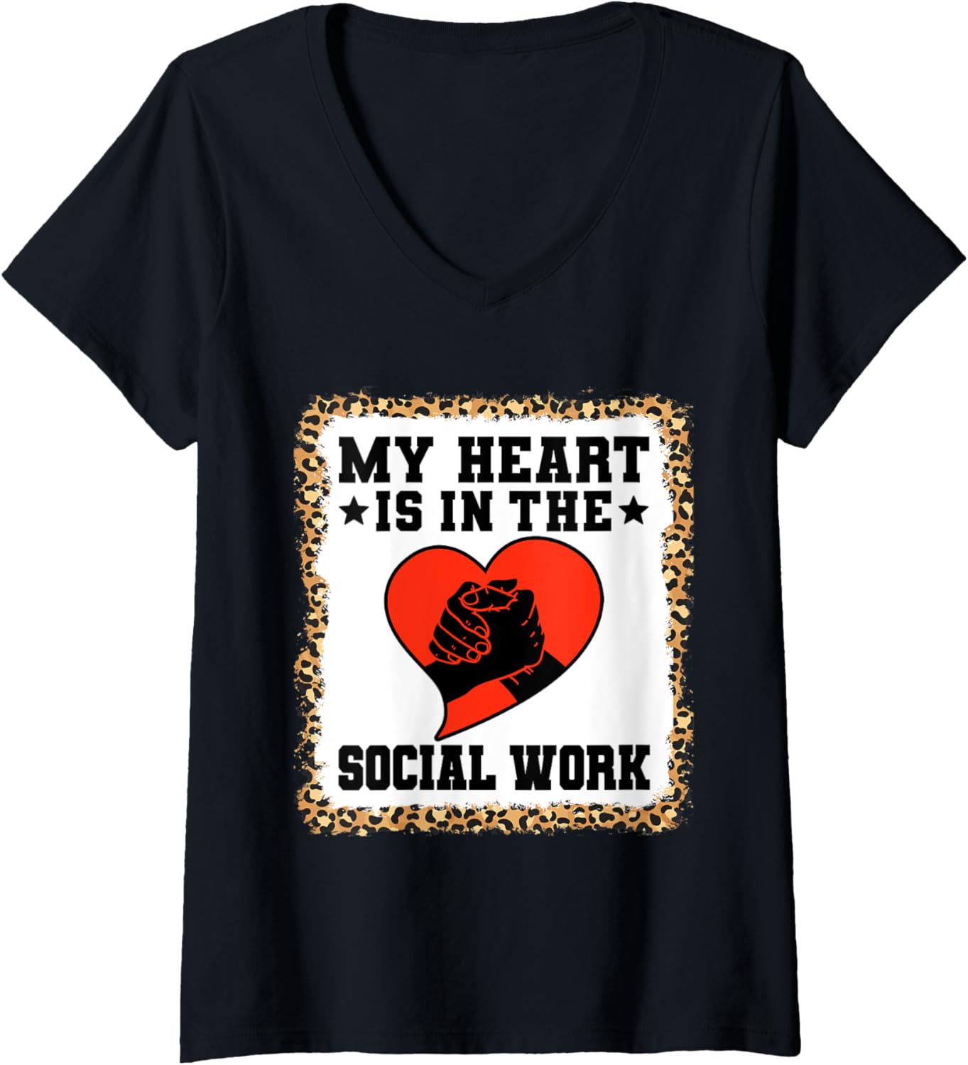 Womens School Social Work Month Heart Leopard Cheetah My Heart Is V Neck Apparel Streetwear Style Fan Favorite